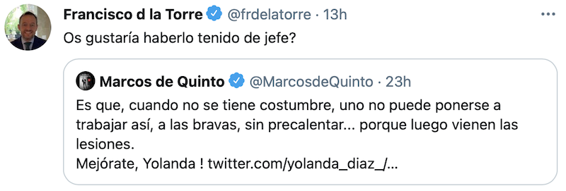 Tuit de Francisco de la Torre en respuesta a Marcos de Quinto