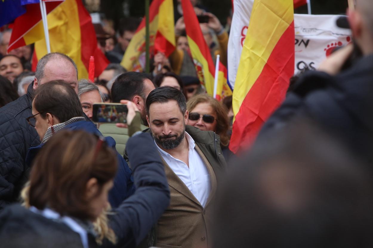 El presidente de Vox, Santiago Abascal, en la concentración de Vox en Colón