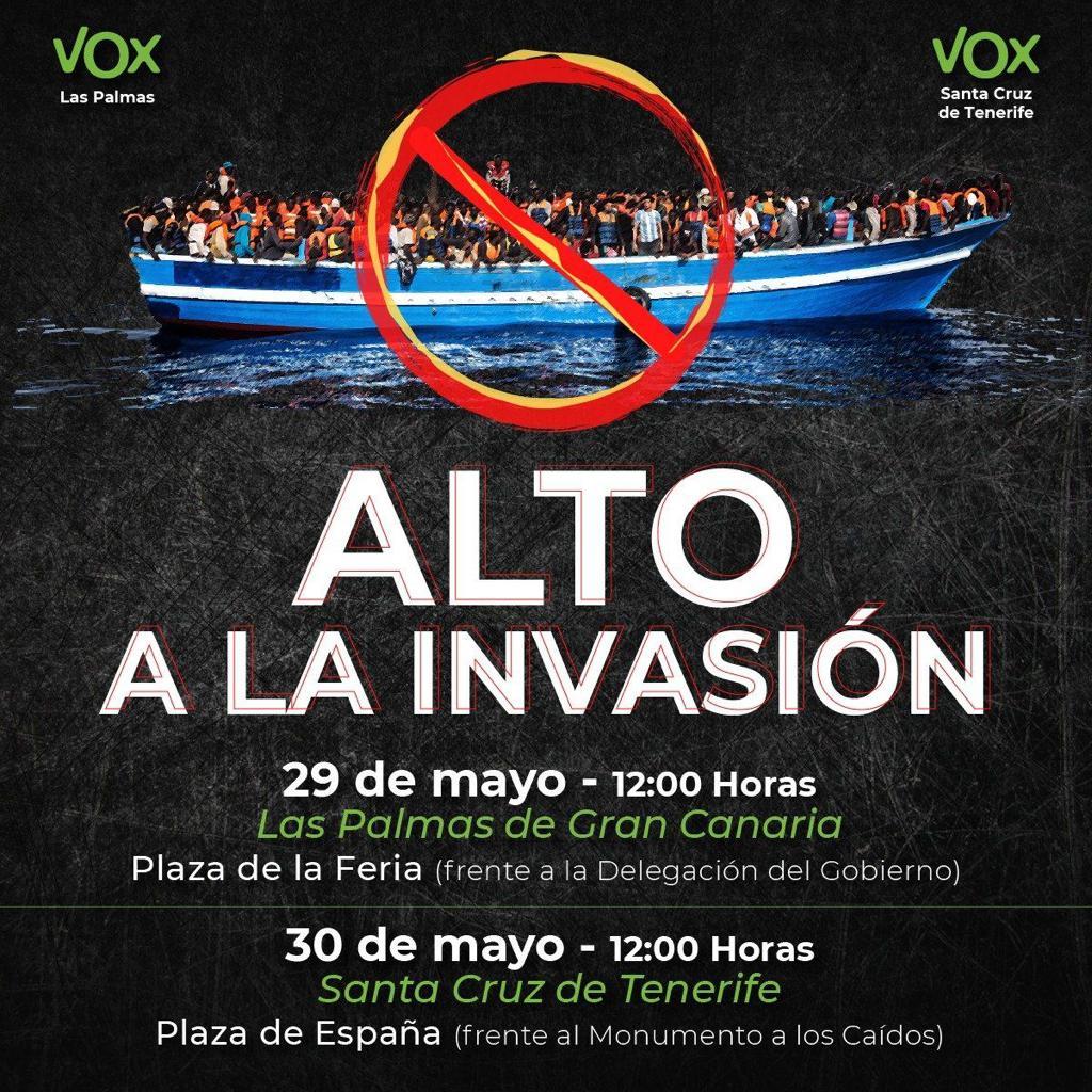 “Alto a la invasión”: tras Ceuta y Melilla, Vox se propone ‘incendiar’ Canarias este fin de semana. Vox “Alto a la invasión”: tras Ceuta y Melilla, Vox se propone ‘incendiar’ Canarias este fin de semana. Vox
