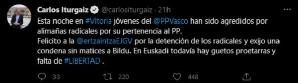 Carlos Iturgaiz tilda de alimañas a los agresores en Vitoria