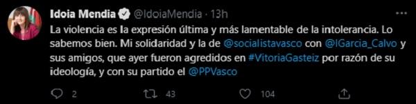Tuit de Idoia Mendia solidarizándose con el vicesecretario del PP en Vitoria