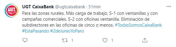 Tuit UGT CaixaBank 1 de junio. Twitter