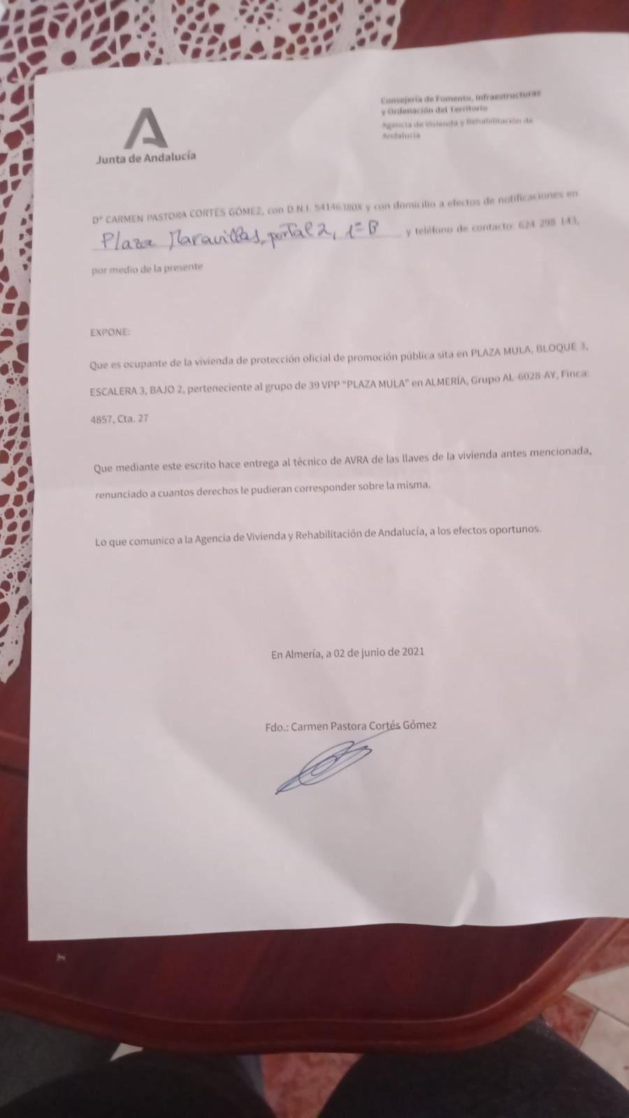 Documento oficial de la Junta sobre el desalojo Documento oficial de la Junta sobre el desalojo