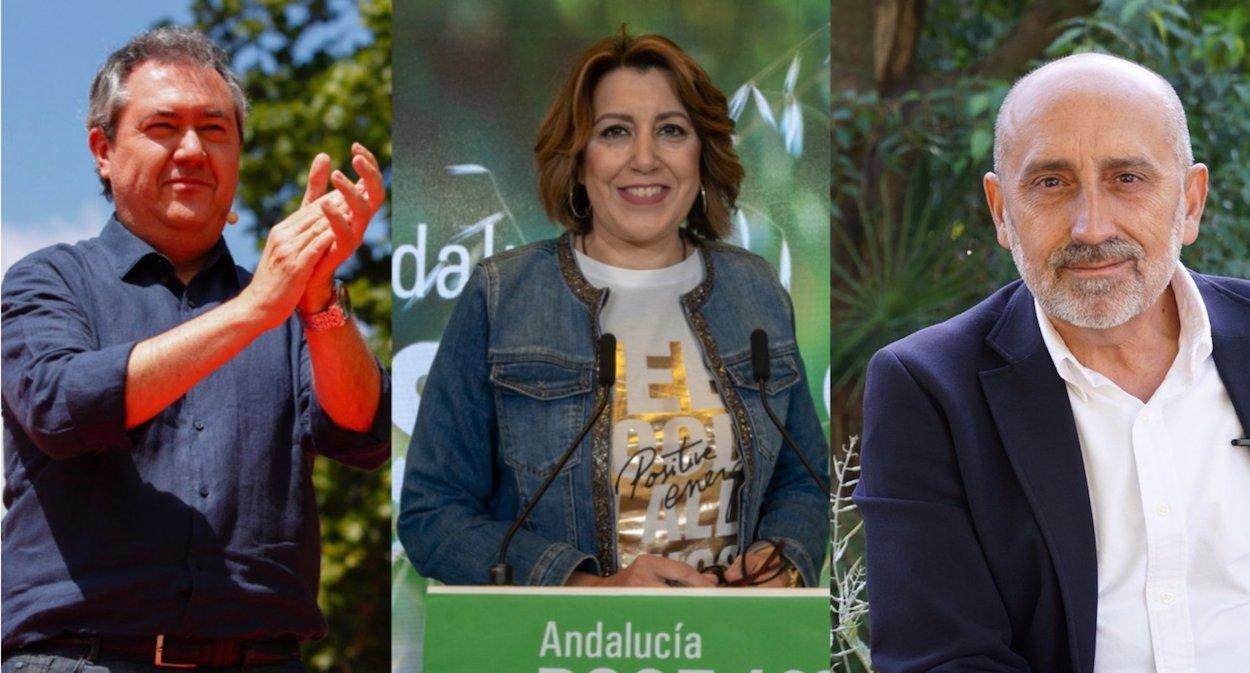Los candidatos de las primarias socialistas Juan Espadas, Susana Díaz y Luis Ángel Hierro. EUROPA PRESS