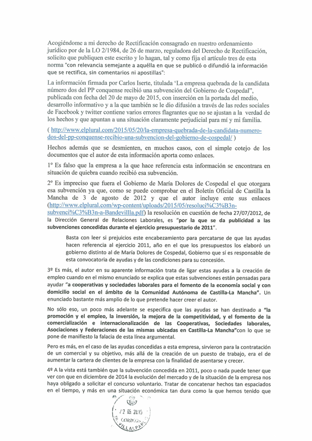 Retificación de Pilar Martínez Peñarrubia, diputada número dos de la lista de Cospedal en Cuenca Retificación de Pilar Martínez Peñarrubia, diputada número dos de la lista de Cospedal en Cuenca