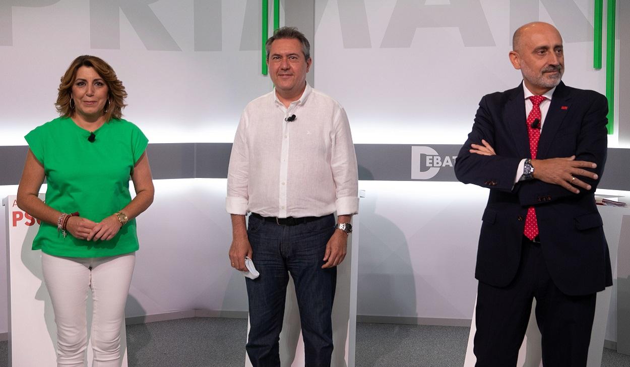 De izquierda a derecha: Susana Díaz, Juan Espadas y Luis Ángel Hierro, candidatos de las primarias del PSOE-A
