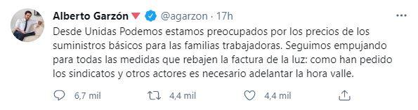 Tuit Alberto Garzón luz. Twitter Tuit Alberto Garzón luz. Twitter