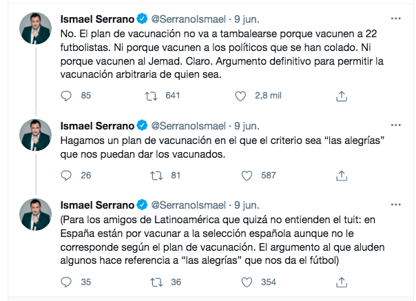Tuit de Ismael Serrano sobre la vacunación de la Selección