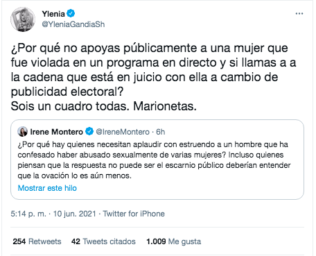 Contestación de Ylenia a Irene Montero