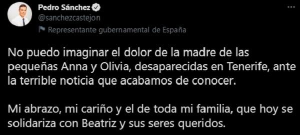 Tuit de Pedro Sánchez sobre el crimen de Olivia y Anna