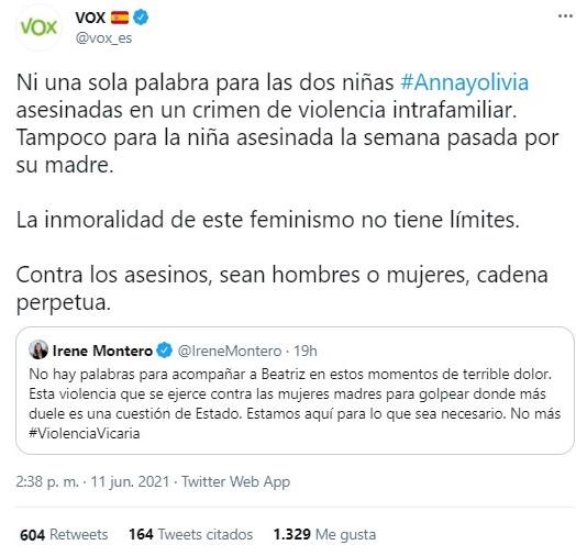 vox critica las palabras de irene montero por sus condolencias a la madre de las niñas de tenerife