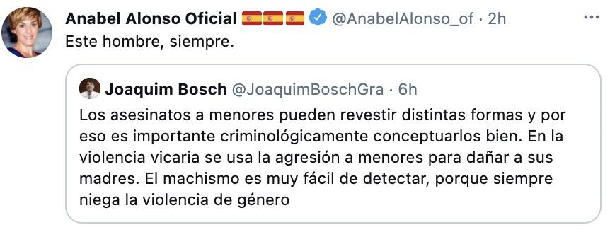 Tuit de Anabel Alonso sobre el caso de violencia de género en Tenerife