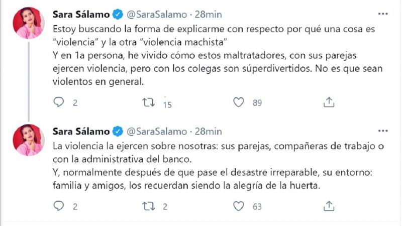 Mensajes sobre la violencia machista de Sara Sálamo. Twitter