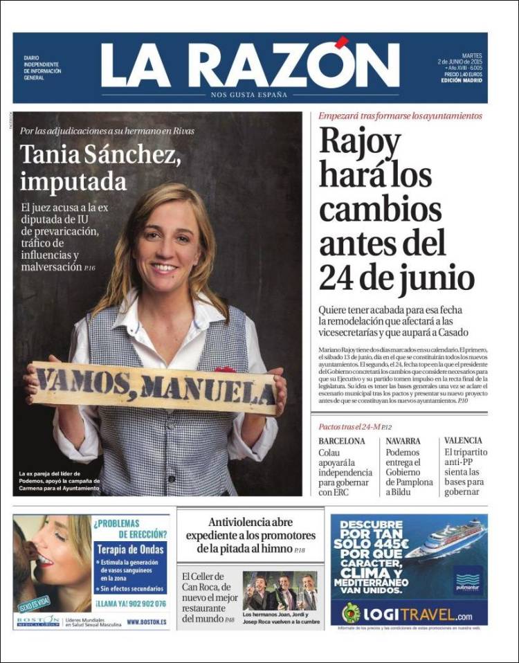 Vergonzosa portada de 'La Razón' contra Manuela Carmena
