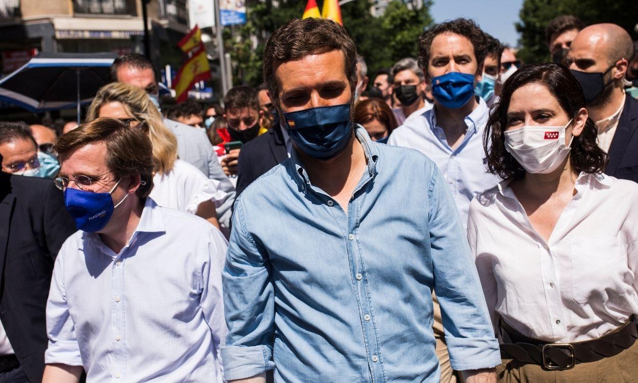 José Luis Martínez Almeida, Pablo Casado e Isabel Díaz Ayuso en la manifestación de Colón. Europa Press. 