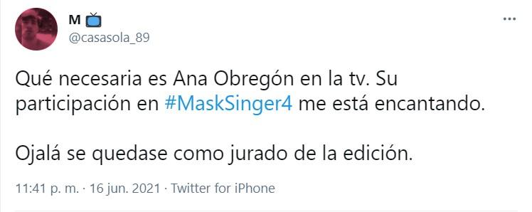 Tuit sobre Ana Obregon en 'Mask Singer' 7