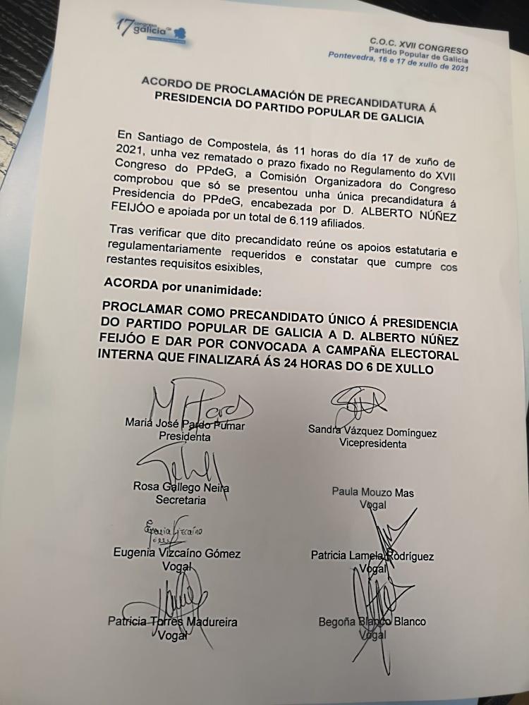 Imagen de las primera página de las firmas recogidas que avalan a Feijóo como presidente del partido.