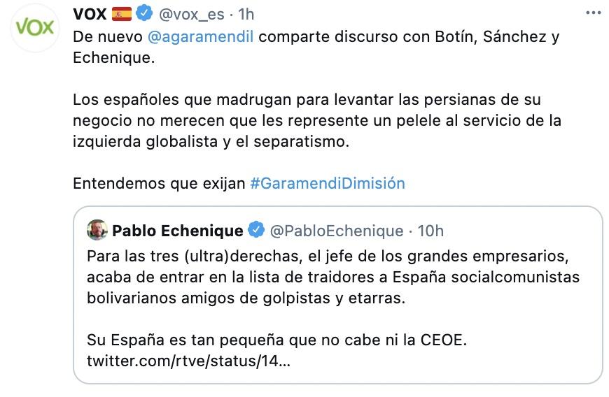 Tuit de Vox sobre Garamendi Tuit de Vox sobre Garamendi