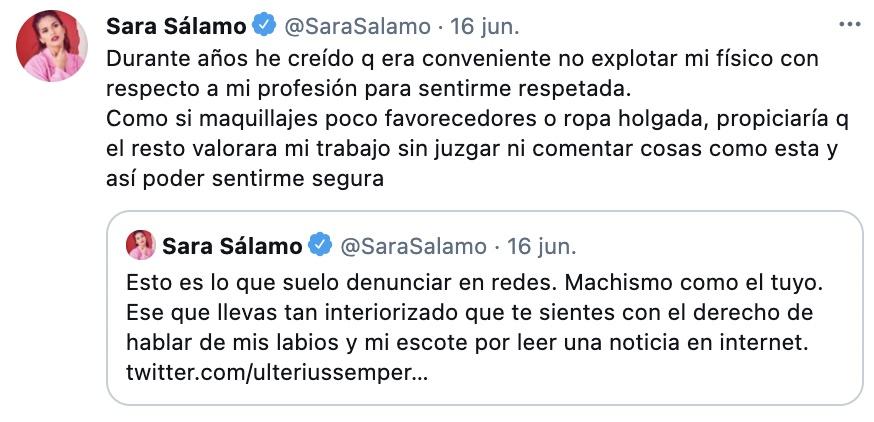 Tuit de Sara Sálamo denunciando machismo