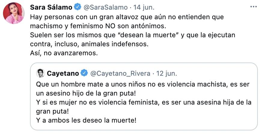 Tuit de Sara Sálamo contra Cayetano Rivera Tuit de Sara Sálamo contra Cayetano Rivera