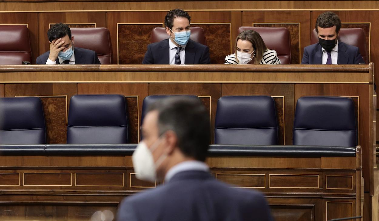 Pedro Sánchez, frente a la bancada del PP en una sesión de control. E. PARRA/POOL-EP