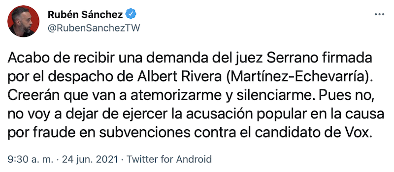 Tuit de Rubén Sánchez sobre el juez Serrano