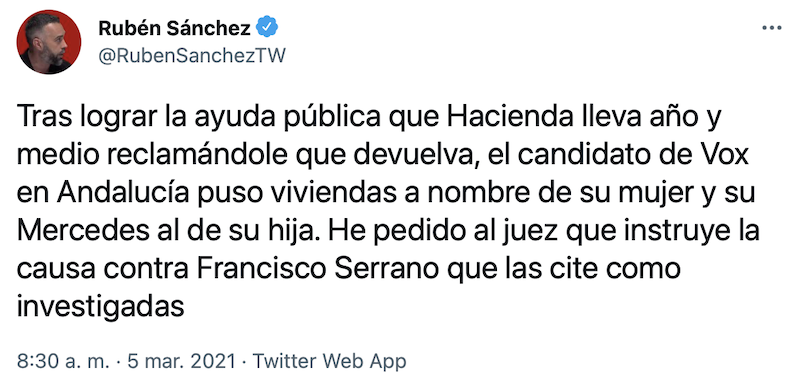 Rubén Sánche habla del posible alzamiento de bienes del juez Serrano
