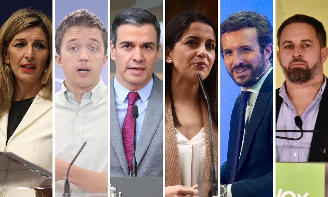 Yolanda Díaz, Íñigo Errejón, Pedro Sánchez, Inés Arrimadas, Pablo Casado y Santiago Abascal