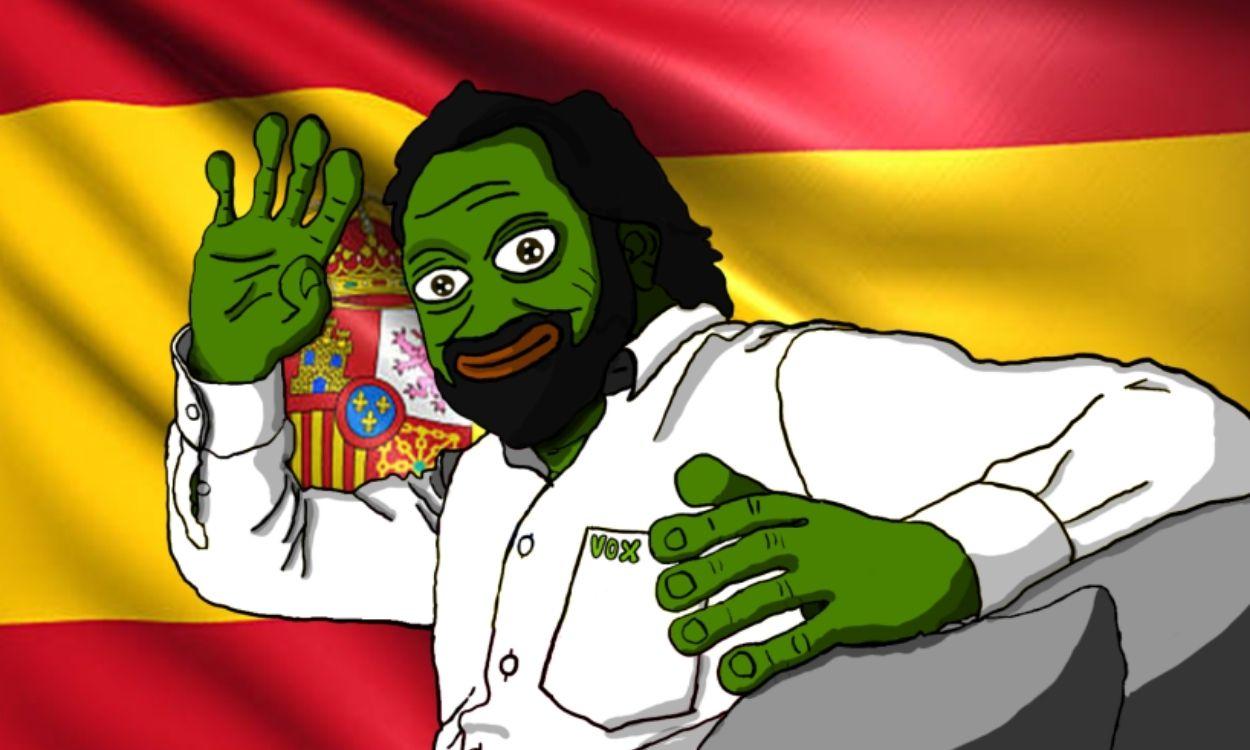 Fotomontaje de la rana Pepe caracterizada como Santiago Abascal