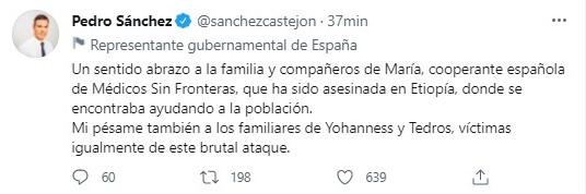 pedro sanchez manda su pésame a la familia de la mujer asesinada en etiopía