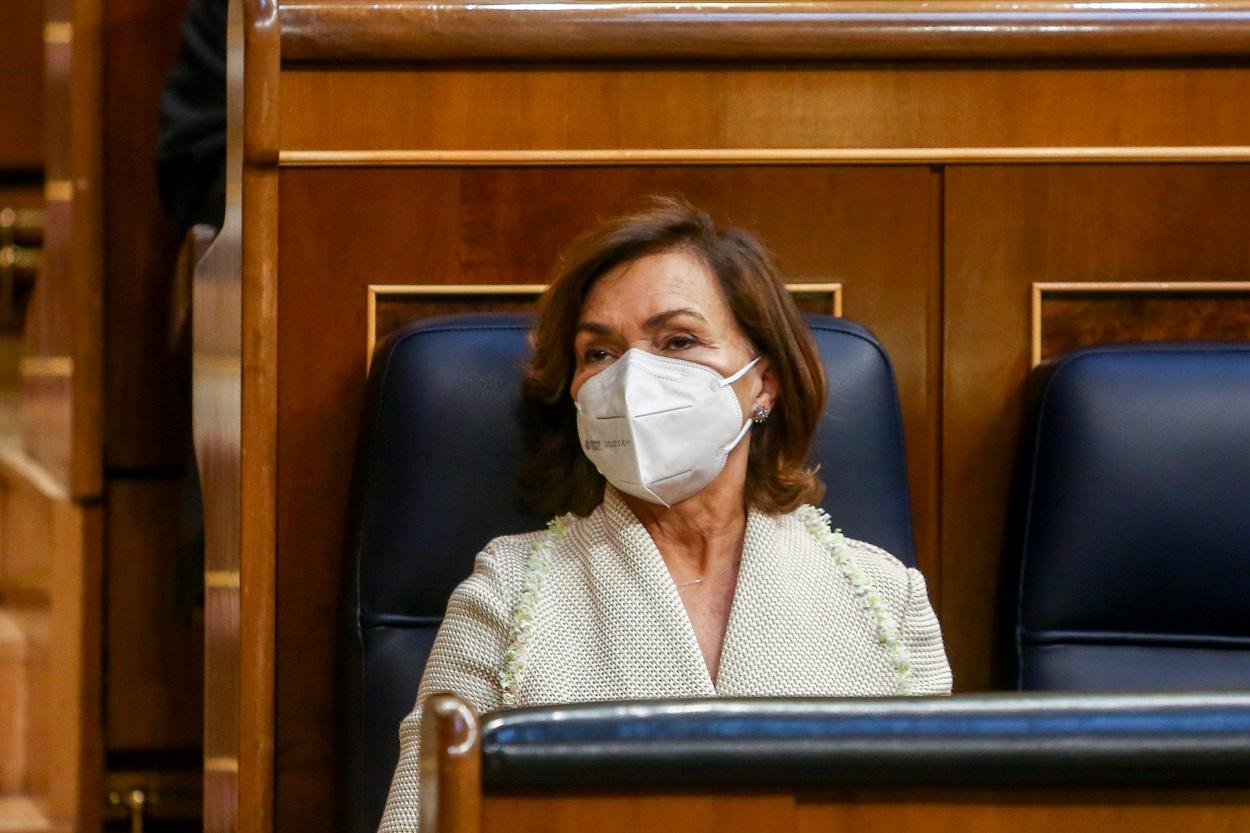 La vicepresidenta primera y ministra de la Presidencia, Relaciones con las Cortes y Memoria Democrática, Carmen Calvo, en el acto en recuerdo y homenaje a las víctimas del terrorismo. Fuente: Europa Press.