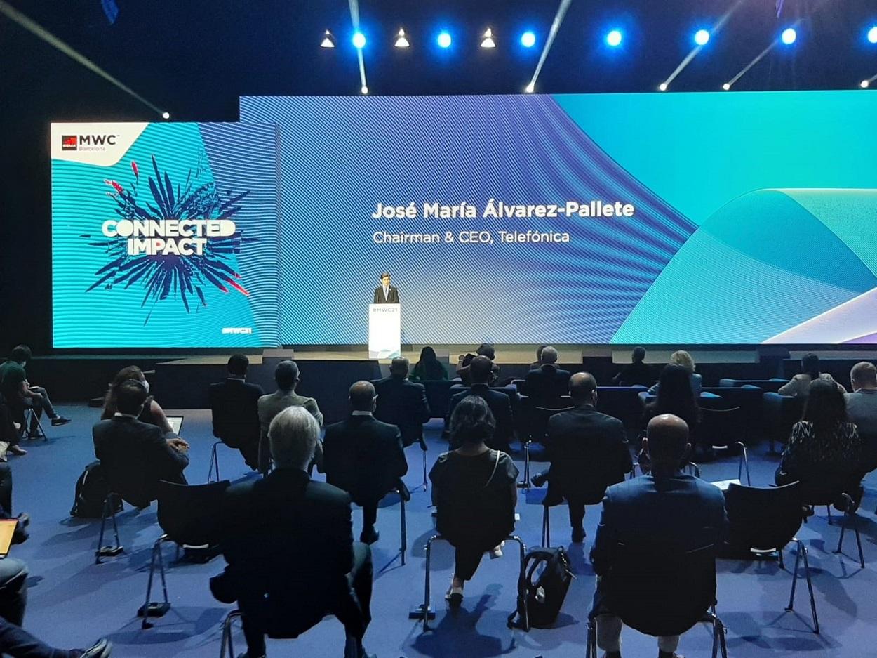 El presidente de Telefónica, José María Álvarez Pallete durante su intervención en el MWC. Europa Press