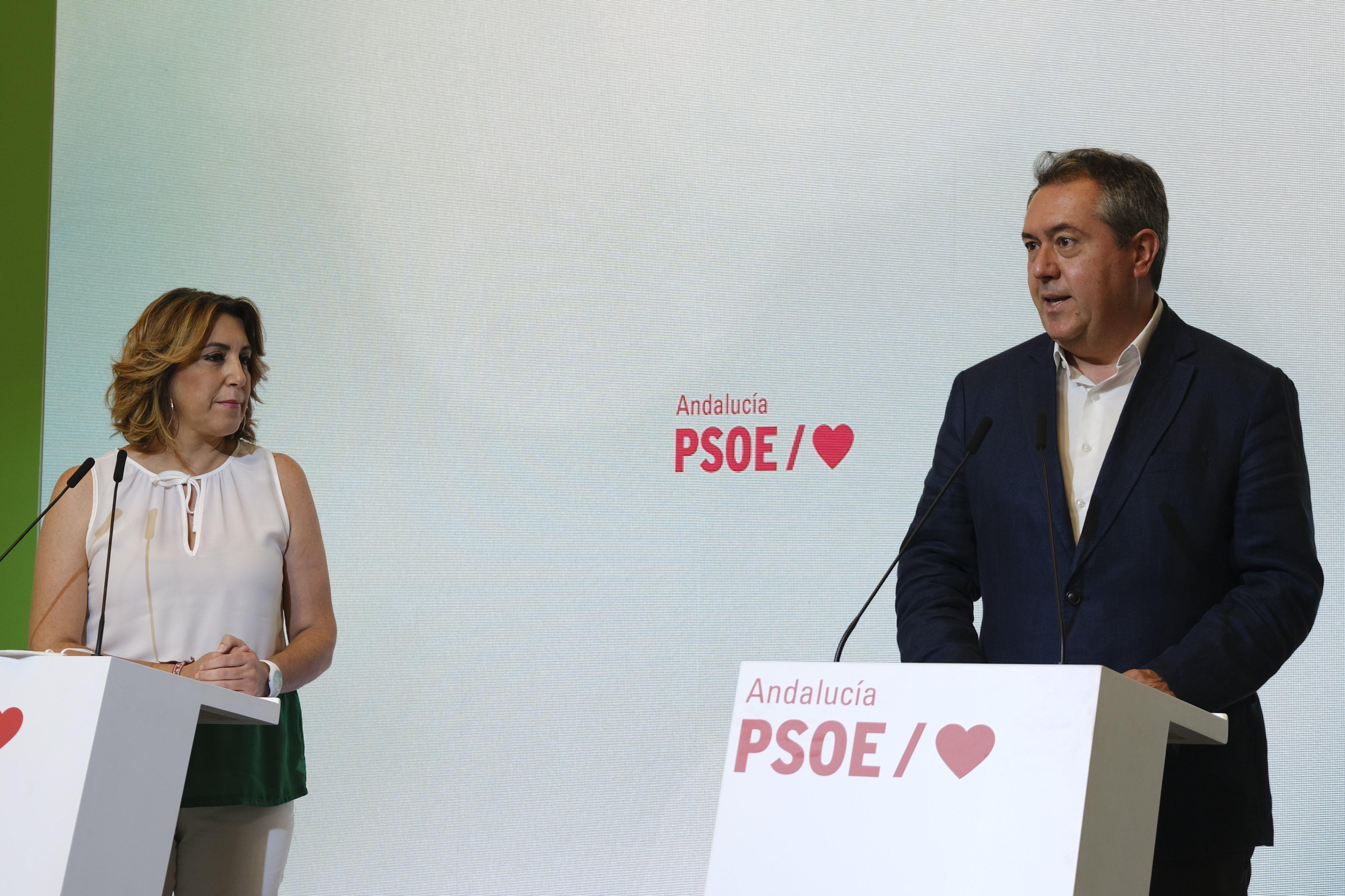 Juan Espadas y Susana Díaz, en la rueda de prensa conjunta de este lunes. PSOE A