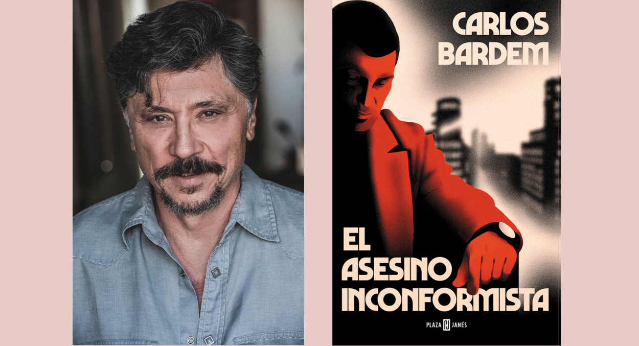 El actor y escritor Carlos Bardem y la portada de su novela.