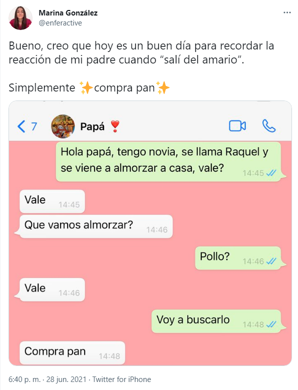 Una tuitera comparte en redes su salida del armario con su padre Marina González Twitter Una tuitera comparte en redes su salida del armario con su padre Marina González Twitter