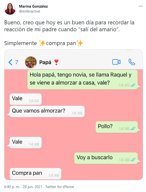 Una tuitera comparte en redes su salida del armario con su padre   Marina González Twitter