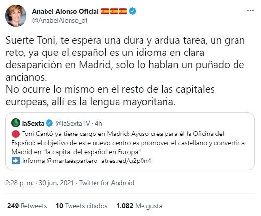 anabel alonso reacciona al nuevo puesto de toni cantó