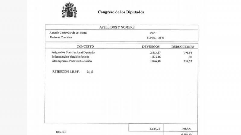 Nómina de Toni Cantó en 2012. Nómina de Toni Cantó en 2012.