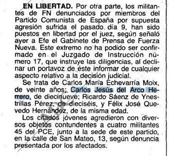 Extracto sobre la detención de Carlos del Arco en 1982. ABC