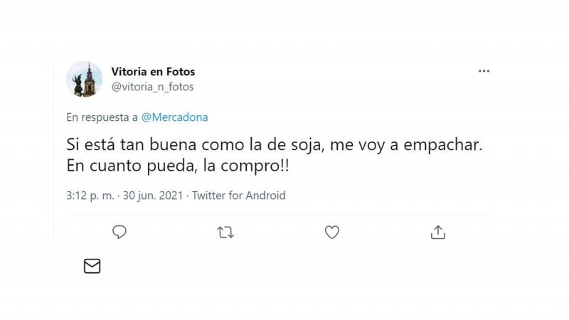 El mensaje de un cliente de Mercadona sobre la nueva bebida vegetal. Twitter El mensaje de un cliente de Mercadona sobre la nueva bebida vegetal. Twitter