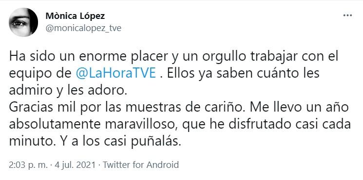 Mónica López se despide de 'La hora de la 1' - Twitter