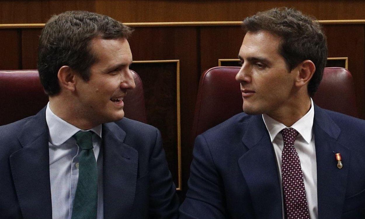 El líder del Partido Popular, Pablo Casado, junto al expresidente de Ciudadanos, Albert Rivera, en el Congreso. Europa Press.