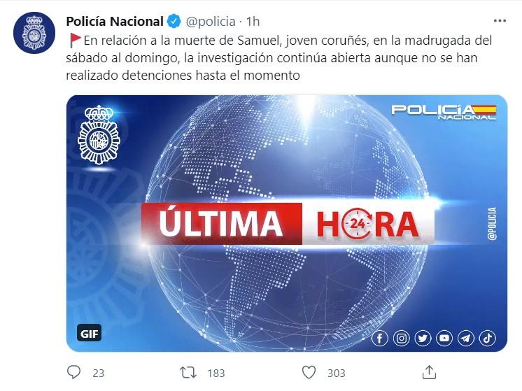 Policia Nacional sobre el asesinato de Samuel Twitter Policia Nacional sobre el asesinato de Samuel Twitter