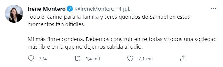 Irene Montero sobre el asesinato de Samuel Twitter Irene Montero sobre el asesinato de Samuel Twitter