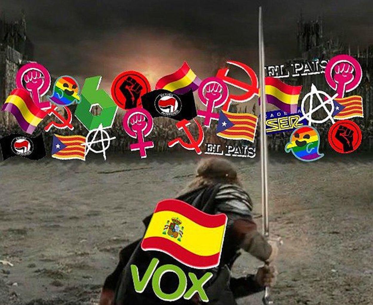 Mensaje  de Vox que incita a combatir a feministas, gais y prensa. EP
