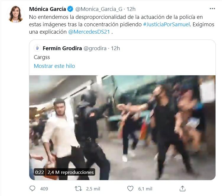 Mónica García pide explicaciones por la actuación policial en Madrid Twitter
