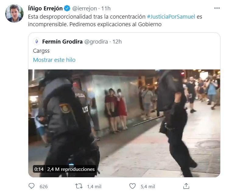 Íñigo Errejón pide explicaciones por la actuación policial en Madrid Twitter