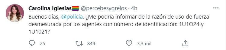 Carolina Iglesias protesta contra la actuación de la policía Twitter