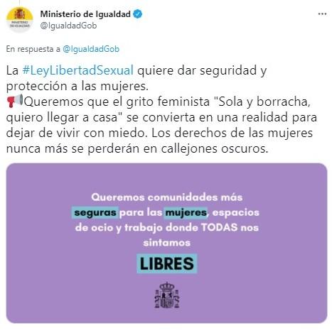 ministerio de igualdad ley de libertad sexual twitter