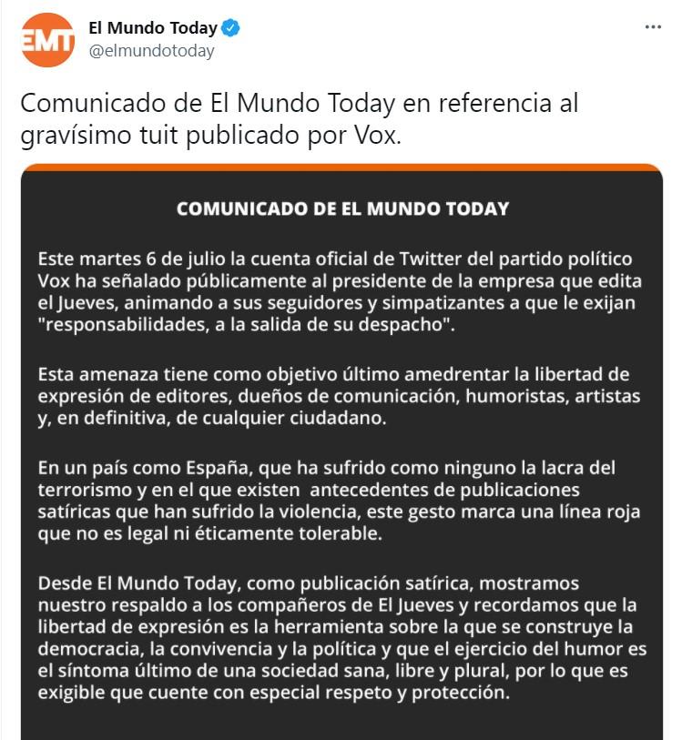 El Mundo Today defiende a 'El Jueves' Twitter El Mundo Today defiende a 'El Jueves' Twitter
